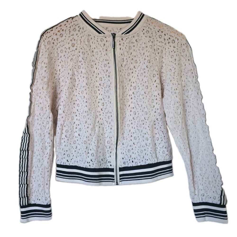 Ivory Lace Bomber Jacket Zip Striped Trim Womens Lightweight-Long Sleeve Small